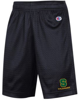 Shorts - YOUTH - Champion in Black - with "S Sycamore" logo